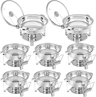 Chafing Dish Buffet Set 5 QT Stainless Steel Chafing Dishes Round Buffet Food Warmer Chafers Set for Parties Catering Event with Glass Lid, Lid Holder 8 packs