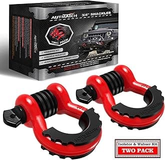 AUTMATCH D Ring Shackle 3/4" Shackles (2 Pack) 41,887Ibs Break Strength, Clevis Shackle with 7/8" Screw Pin and Shackle Isolator Washers Kit for Tow Strap Winch Off Road Vehicle Recovery, Red & Black