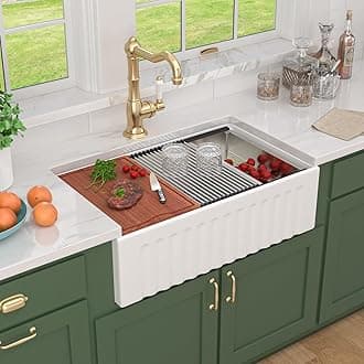 33 Inch Reversible Farmhouse Kitchen Sink White, Fireclay Single Bowl Apron Front Sink with Flat & Fluted Front, Deep 10 Inch Workstation Farm Sinks #TLAC-0003