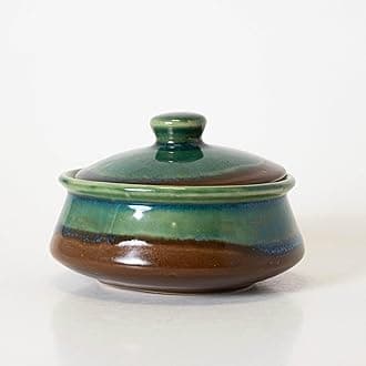 KALAKRITI 350 ml Green & Brown Glazed Ceramic Donga with Lid | Curd Setter & Dahi Handi | Microwave Safe Small Serving Donga for Biryani, Dal, Curry, Sabzi, Gravies & Desserts (Set of 1)