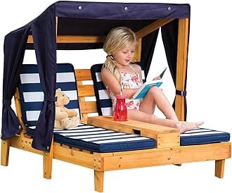 Wooden Outdoor Double Chaise Lounge with Cup Holders, Kid's Patio Furniture, Honey Navy and White Striped Fabric, Gift for Ages 3-8