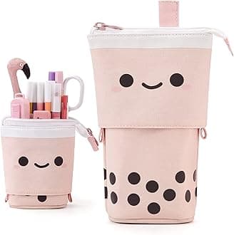 ANGOOBABYStanding Pencil Case Cute Telescopic Pen Holder Kawaii Stationery Pouch Makeup Cosmetics Bag for School Students Office Women Teens Girls Boys Christmas Gift (Pink)