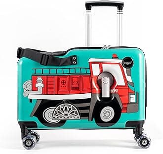 LIL FLYER GO Version 2 Ride On Suitcase for Kids | Carry On Luggage with Toddler Seat, Foldable Handlebars, Pedals, and Removable Wheels | Holds up to 80 lbs | FIRETRUCK | Ages 2-6