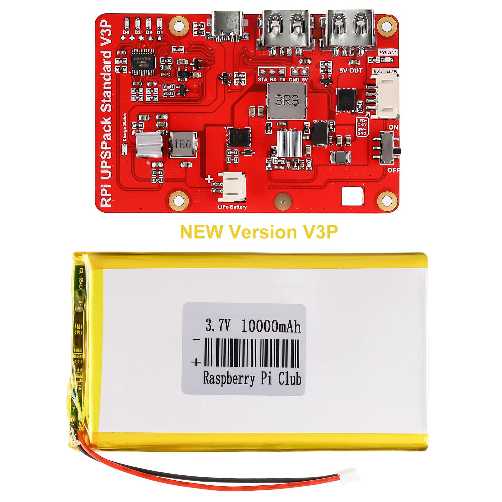 Raspberry Pi 4 Battery Pack UPS, V3Plus Expansion Board with 10000mAh Battery, Type-C Interface for RPI 5 4B 3B+ 3B 2B+