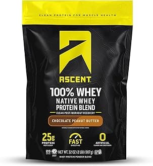 Ascent 100% Whey Protein Powder - Post Workout Whey Protein Isolate, Zero Artificial Flavors & Sweeteners, Gluten Free, 5.7g BCAA, 2.7g Leucine, Essential Amino Acids, Chocolate Peanut Butter 2 lb