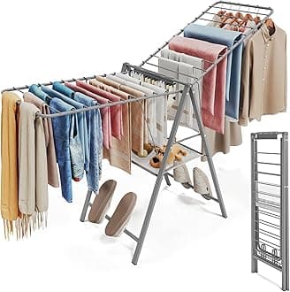 APEXCHASER Clothes Drying Rack Foldable, Metal Laundry Drying Rack Collapsible, Portable Compact Clothes Rack for Sweater Baby Clothes Towel Indoor & Outdoor, Height Adjustable Clothes Airer, Grey