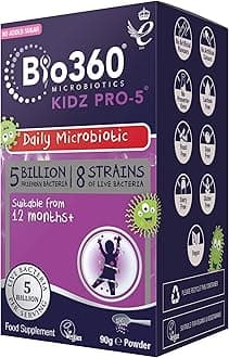 Natures Aid Bio360 Kidz Pro-5 Daily Microbiotic Powder 90g for Children 12 Months to 12 Years - 5 Billion Friendly Bacteria - Sugar Free Vegan Non-GMO Gluten-Free