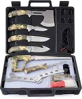 GVDV Hunting Knife Set - Deer Field Dressing Kit, Game Processor Set With Gut Hook Skinner, Spreader, Gloves - 14 Pieces Hunting Knives for Men for Christmas Presents