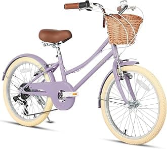 【Glerc】Missy Girls' Bicycle 20/24 Inches, Retro City Cycle for Elementary and Junior High School Students, Stylish with Handwoven Rattan Basket, SHIMANO 6-Speed Gear Shift, Rear Gear Shift, for School