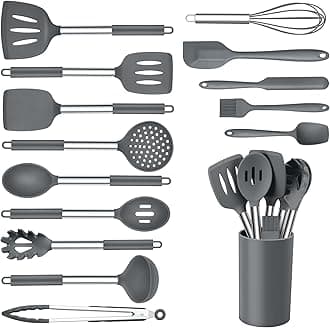 Onader Kitchen Cooking Utensils Set of 15, Silicone and Stainless Steel Utensils Spatula Set with Holder, Heat Resistant & Dishwasher Safe - Grey