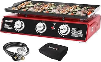 Royal Gourmet PD1301R Portable 24-Inch 3-Burner Table Top Gas Grill Griddle with Cover, 25,500 BTUs, Outdoor Cooking Camping or Tailgating, Red