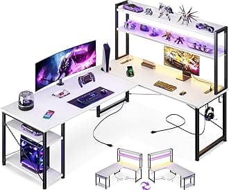 AODK L Shaped Gaming Desk with Hutch & 2 Power Outlets & 2 LED Strips & Monitor Stand, 66" Reversible Computer Desk with Storage Shelves, Corner Desk for Home Office, White