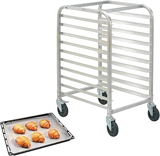 10-Tier Bun Pan Rack, Aluminum Racking Trolley Storage with Brake Wheels, Commercial Bakery Racks for Half & Full Sheet, Speed Rack For Kitchen Home, Bread Baking Equipment, 26"L x 20.3"W x 39"H
