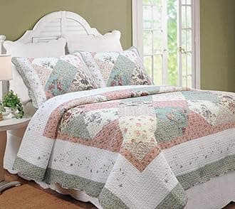 Cozy Line Home Fashions Celia Green Country Floral Printed Embroidered Real Patchwork 100% Cotton 3-Piece Quilt Bedding Set Reversible All Season Coverlet Gifts for her/women (King - 3 piece)