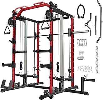 Power Cage Home Gym, Dual Pulley Cable Crossover System, All-in-One Squat Power Rack with Strength Training Attachments for Full-Body Workouts