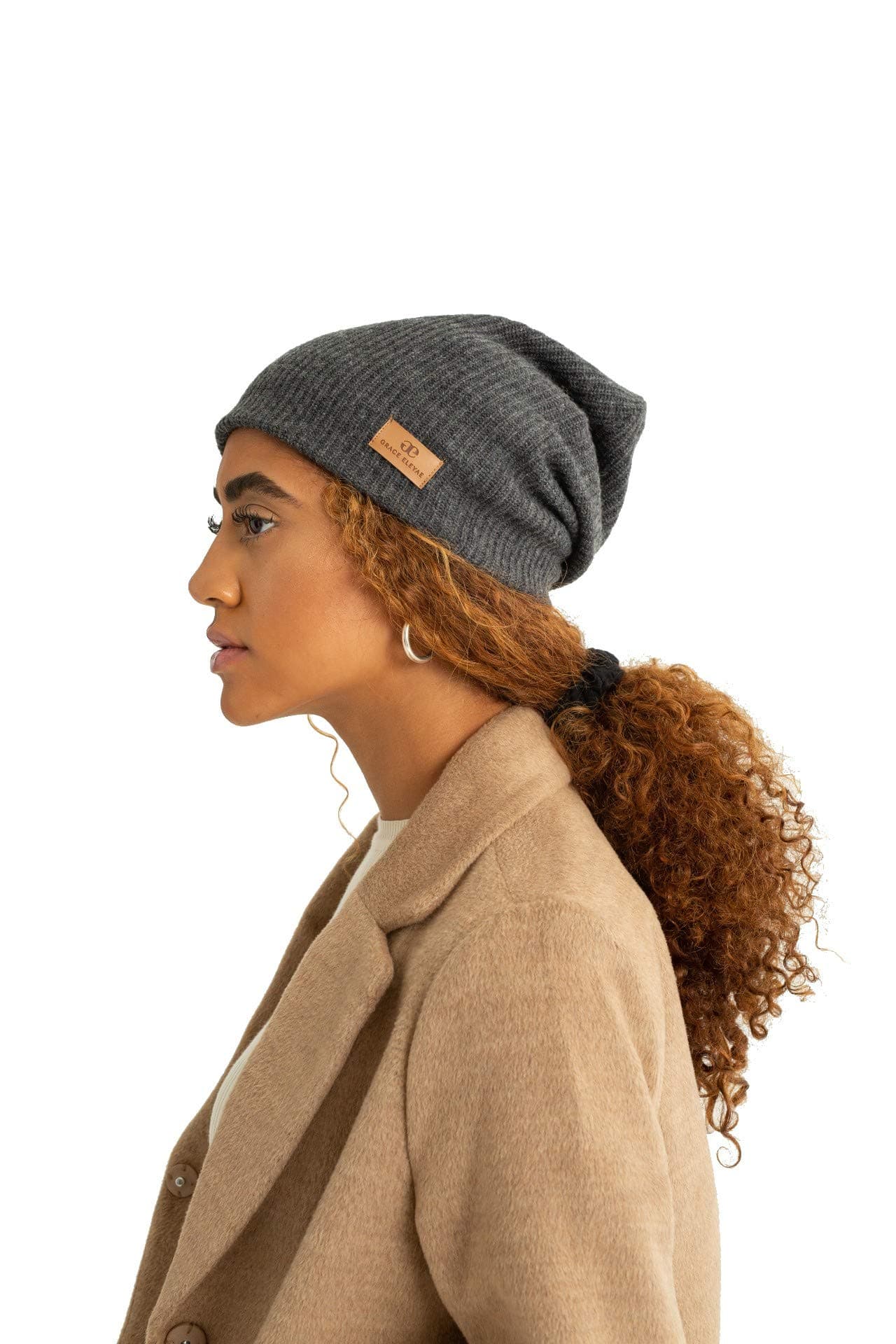 Grace Eleyae GE I Adjustable Satin Lined Wool Winter Cap Silky Sleeping Beanie Hat, Dark Grey