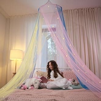 Bollepo Bed Canopy for Girls with Glowing Stars - Canopy Bed Curtains | Fits Single, Twin, Full, Queen Size Kids - Princess Bed Canopy | Rainbow Bedroom Accessories, Netting Room Decor, Ceiling Tent