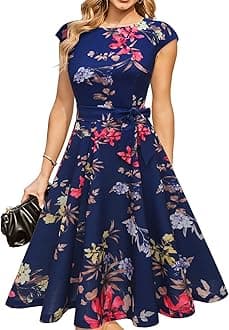 DRESSTELLSWomen's Vintage Tea Dress Prom Swing Cocktail Party Dress with Cap-Sleeves Navy Flower 2XL