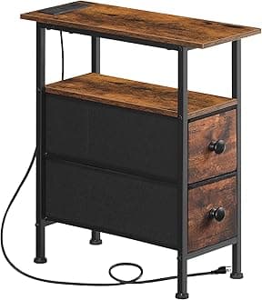 HOOBRO End Table with Charging Station, Narrow End Table with 2 Fabric Drawers, Slim Nightstand with Storage Space, Slim Nightstand for Living Room, Small Spaces
