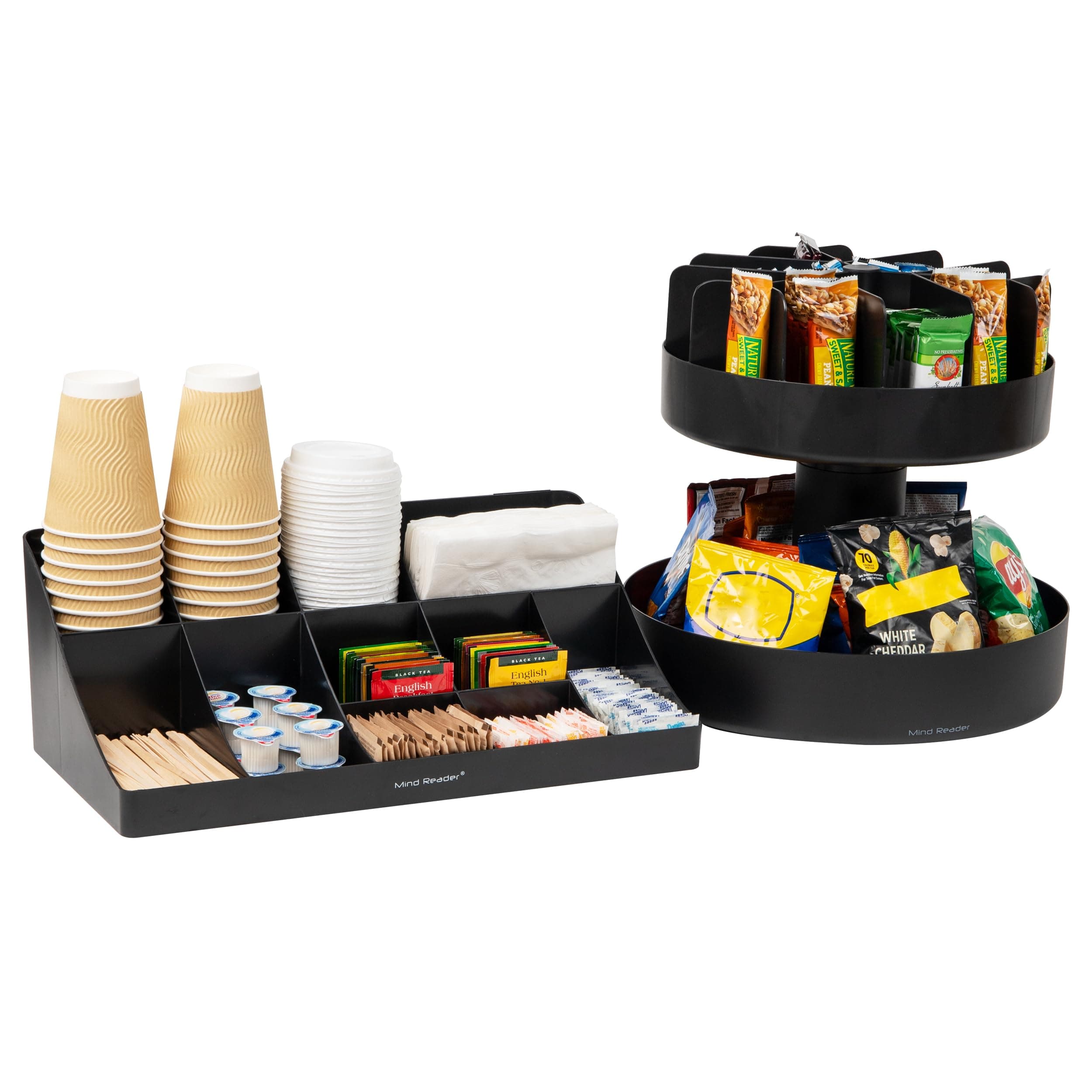 Mind Reader Cup and Condiment Station, Snack Carousel Set, 2 Pcs. Countertop Organizer, 17.875" L x 9.5" W x 6.625" H, 2-Piece, Black