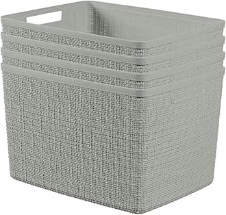 Curver Set of 4 Jute Large Decorative Plastic Organization and Storage Baskets, Perfect Bins for Home Office, Closet Shelves, Kitchen Pantry and All Bedroom Essentials, Grey