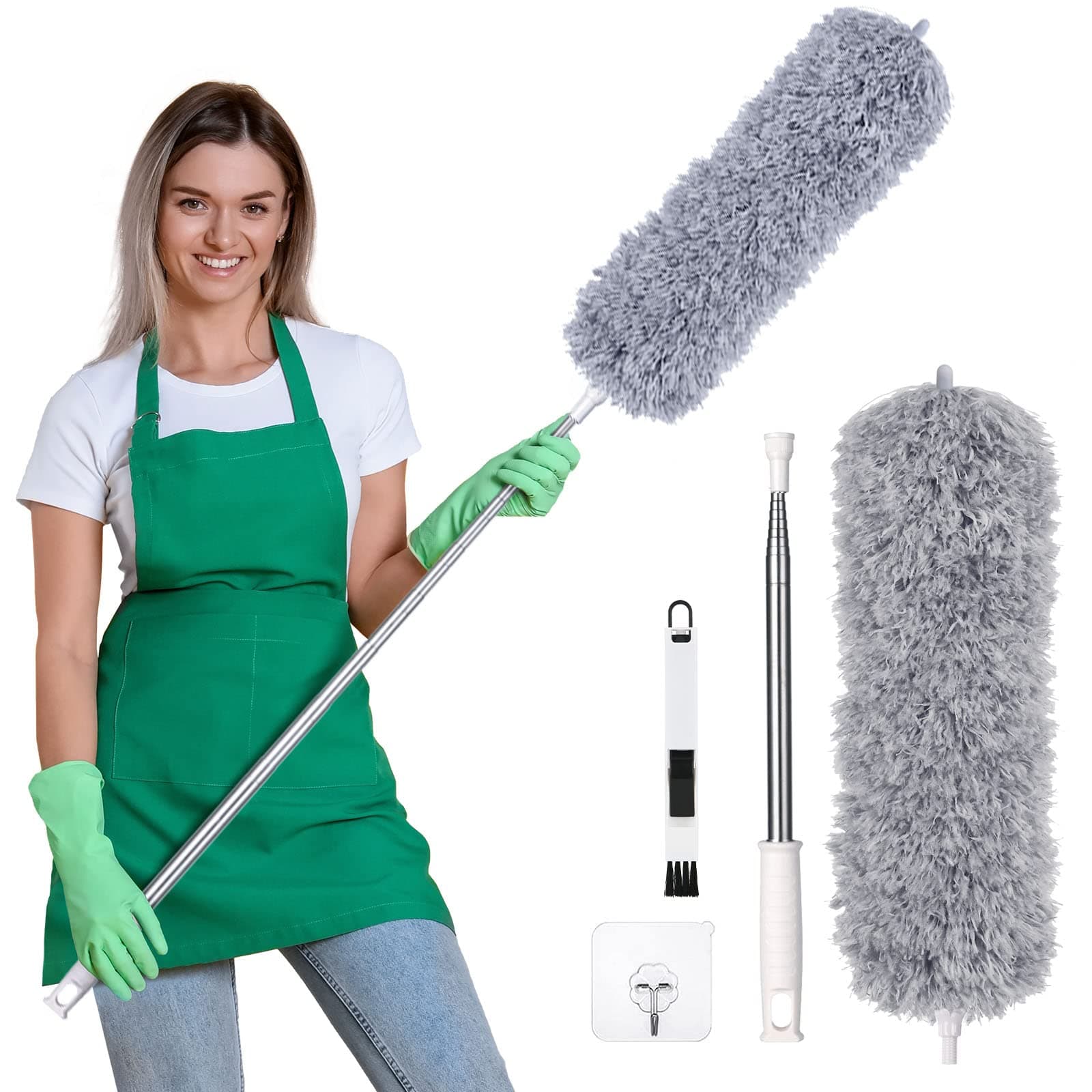 Extendable Feather Duster, Bendable Reusable Microfiber Duster with 100" Extra Telescopic Extending Pole and Window Slot Cleaning Brush for Cleaning Ceiling Fan High Ceiling
