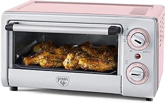 GreenLife Countertop Toaster Oven Air Fryer Stainless Steel, Healthy Ceramic Nonstick, PFAS Free, Tray & Basket, Bake, Broil, Reheat, Adjustable Temp & Time Control, Auto Shutoff, Pink