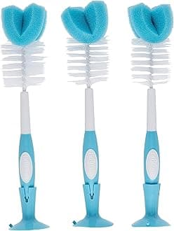 Dr. Brown's Reusable Sponge Baby Bottle Cleaning Brush Set with Suction Cup Stand, Scrubber and Nipple Cleaner, Blue 3-Pack