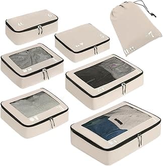 ECOHUB 7 Set Packing Cubes Tear-Resistant Luggage Packing Organizers with Number Icon for Travel Accessories Luggage Suitcase Machine Washable Packing Cubes (Beige)