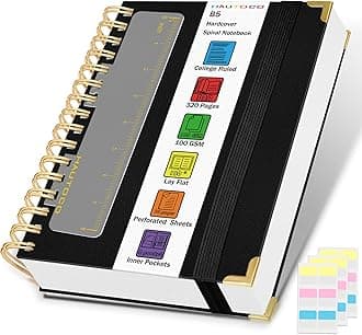 HAUTOCO Spiral Notebook College Ruled B5 Leather Bound Journal, 320 Pages, Hardcover Notebooks with tabs, 100 GSM Paper, 7"x 9.7" Lined Journaling Notebooks for Work Office School Business, Black