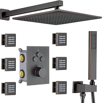 Luxury Thermostatic Rain Shower System with 6 Body Shower Jets & Shower Head, Oil Rubbed Bronze Wall Mount Shower Faucet Set Complete with Push Button Thermostatic Valve & Shower Handheld