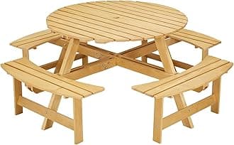 8 Person Wood Picnic Table, Outdoor Round Picnic Table with 4 Built-in Benches, Umbrella Hole, Outside Table and Bench Set for Patio, Backyard, 500lbs Capacity Per Bench (Nature)
