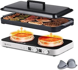 AMZCHEF Double Induction Cooktop with Removable Griddle Pan Non-stick, 1800W 2 burner Portable Induction Stove With Sensor Touch 9 Power Levels, 99 Min Timer, White