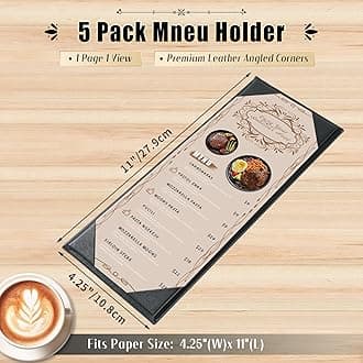 FLKQC Menu Covers 4.25" x 11" – 5 Pack 1 View Black PU Leather Restaurant Menu Holders, Single Panel with Angled Corners for Food Menus, Wine Lists & Drink Specials & Cocktail, Perfect for Parties