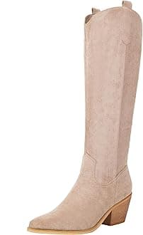 Cowboy Boots for Women Embroidery Western Cowgirl Knee High Chunky Heel Boots with Pull-Up Tabs