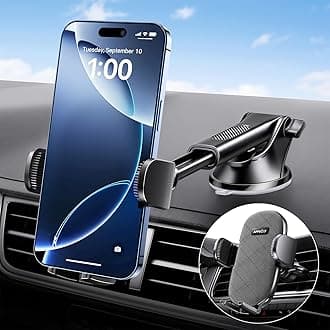 Suction Cup Phone Mount, Windshield/Dashboard/Air Vent Car Phone Holder Mount with Sticky Gel Pad, Compatible with iPhone, Samsung, All Cellphone, Thick Case Friendly