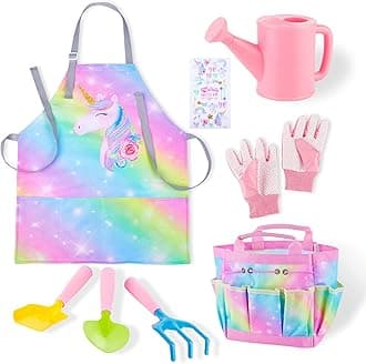 FIODAY Kids Gardening Set, Garden Tools for Kids with Watering Can, Shovel, Rake, Gloves, Waterproof Unicorn Apron with Pocket, Storage Bag and DIY Sticker Gardening Kit Gift for Girls