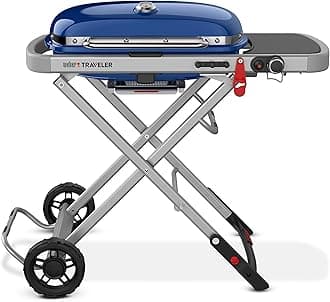 Weber Traveler Portable Gas Grill – Blue Edition | Compact Foldable Outdoor BBQ with Large Cooking Surface, One-Hand Setup, Travel-Ready Design, Ideal for Camping, Tailgating, and Road Trips