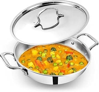 The Indus Valley Triply Stainless Steel Kadai/Kadhai with Steel Lid | 20cm/7.9 inch, 1.7Ltr, 1.20kg | Induction Friendly | Nonstick 3-Layer Body, 100% Toxin-Free, No Chemical Coating