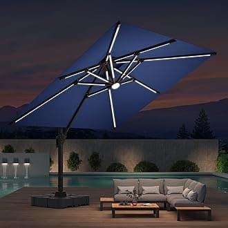 Deconk 10x10 FT Cantilever Patio Umbrella with Led Lights Double Top Outdoor Square Heavy Duty Offset Umbrellas 360°Rotation Free-motion Track Tilt Windproof for Pool Deck Garden, Navy