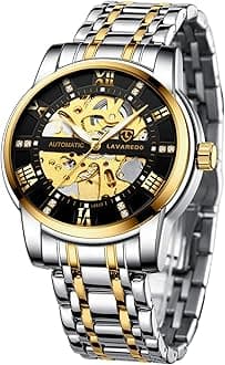 A ALPSMens Watch Skeleton Luxury Mechanical Stainless Steel Waterproof Black Automatic Self-Winding Roman Numerals Diamond Dial Wrist Watch