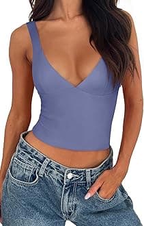 REORIA Women's Summer Sexy Casual Deep V Neck Sleeveless Slim Fit Cropped Corset Cami Fashion Trendy Y2k Going Out Crop Tank Tops Blue Nova Medium