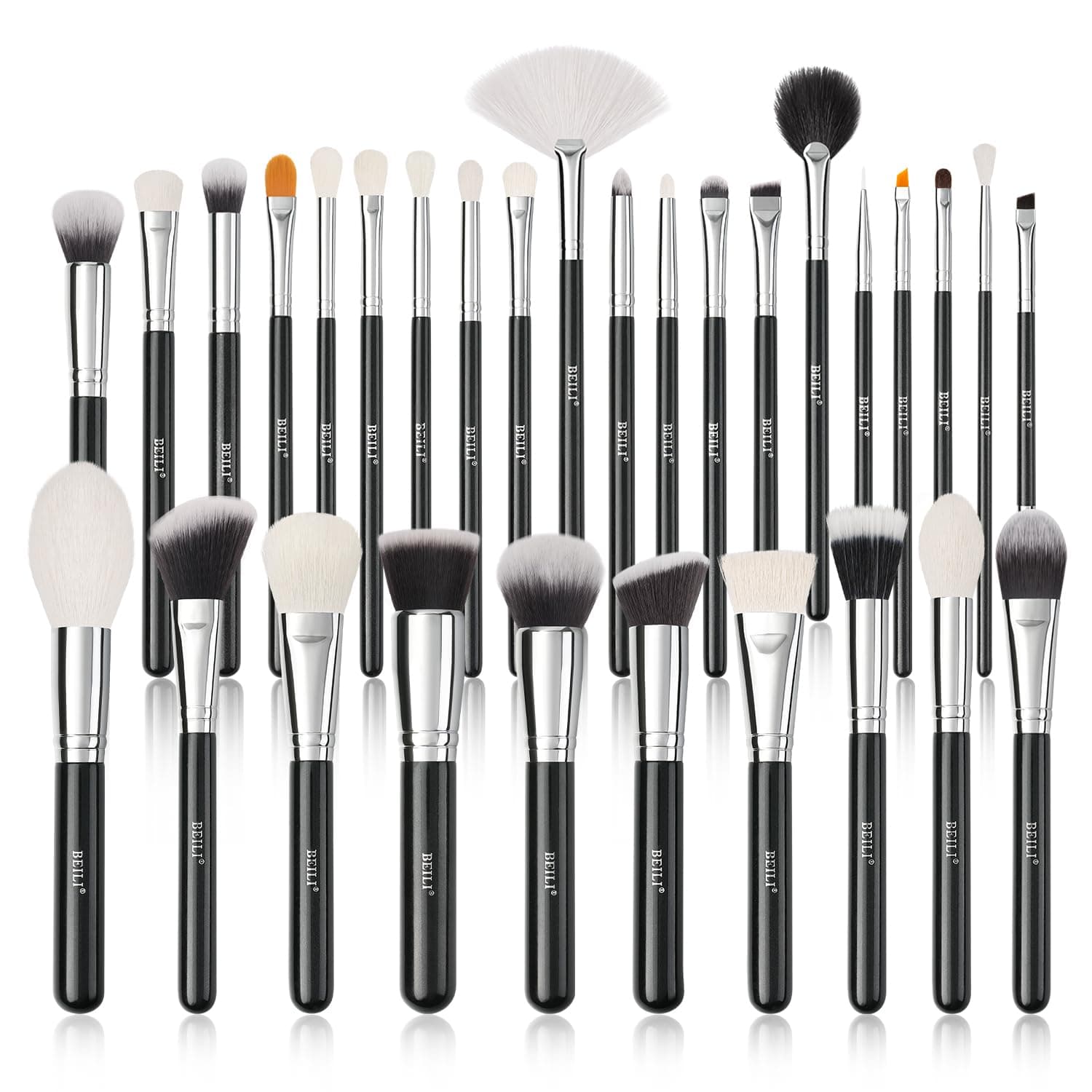 BEILI 30Pcs Professional Makeup Brush Set Original Natural-Synthetic Kabuki Foundation, Face Powder, Highlighter, Contour, Eye Shadow, Eyebrow, Eyeliner, Makeup Tools Kit (Classic Black)