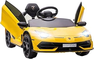 Electric Car for Kids Lamborghini Aventador Licensed with Remote Control, 12V Powered Kids' Electric Ride-on with Butterfly Doors, Auxiliary wheels, Music, Horn, Suspension - Yellow