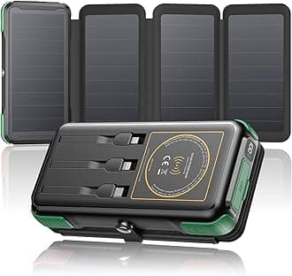 SOARAISE Solar Charger 25000mAh Wireless Portable Charger, 20W Fast Charging Power Bank with Built-in 3 Cables, PD QC 3.0 Phone Battery Pack with 4 Solar Panels & Flashlights for Camping (Green)