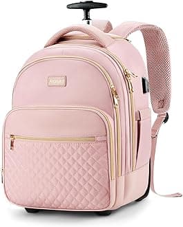 Small Rolling Backpack for Women, Lightweight Travel Backpack with Wheels, Convertible Carry On Luggage, Pink, 15.6 inch