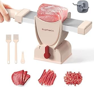 SupMaKin Fresh Meat Slicer, Thickness Adjustable 2 or 4 mm, 17 IN 1 Stainless Steel Manual Meat Cutter, Cleaver Kitchen Knife, Jerky Slicer Suit for Chicken Breast Beef Pork (Gray) (Pink)