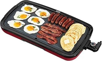Deluxe Everyday Electric Griddle with Dishwasher Safe Removable Nonstick Cooking Plate for Pancakes, Burgers, Eggs and more, Includes Drip Tray + Recipe Book, 20” x 10.5”, 1500-Watt - Red