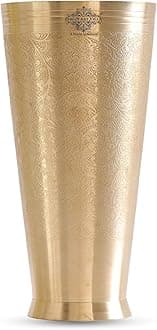 Indian Art Villa Embossed Flower Design Brass Lassi Glass Tumbler, Drinkware Home Restaurant, 36 Oz, Gold