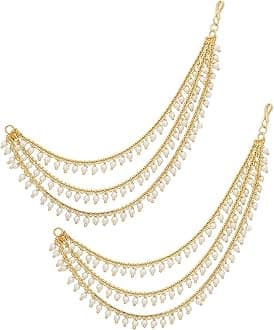 Brass copper Gold kanchain 3 layer long bridal wedding ear kan chain Champaswaralu earchains Ear Chains for Hair Jhumka Jhumki kanoti moti pearl Traditional Earrings for women girls Golden-M020